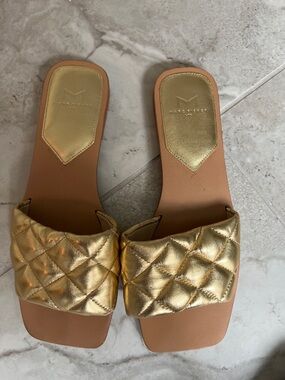 Marc Fisher Quilted Metallic Gold Slide Sandals- quilted